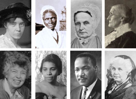The <a href="http://www.nytimes.com/2016/04/21/us/mlk-eleanor-roosevelt-susan-anthony.html" target="_blank" role="link" class=" js-entry-link cet-external-link" data-vars-item-name="new faces on $5, $10 and $20 bills" data-vars-item-type="text" data-vars-unit-name="5717a6f5e4b0060ccda50d8b" data-vars-unit-type="buzz_body" data-vars-target-content-id="http://www.nytimes.com/2016/04/21/us/mlk-eleanor-roosevelt-susan-anthony.html" data-vars-target-content-type="url" data-vars-type="web_external_link" data-vars-subunit-name="article_body" data-vars-subunit-type="component" data-vars-position-in-subunit="1">new faces on $5, $10 and $20 bills</a> include (top, left to right): Alice Paul, Sojourner Truth, Lucretia Mott, Susan B. Anthony. And (bottom, left to right) Eleanor Roosevelt, Marian Anderson, Martin Luther King Jr. and Elizabeth Cady Stanton.