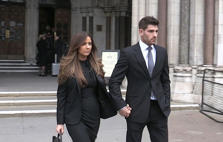 Ched Evans leaving the Court of Appeal in London with partner Natasha Massey after winning his appeal against his conviction for raping a 19-year-old woman 