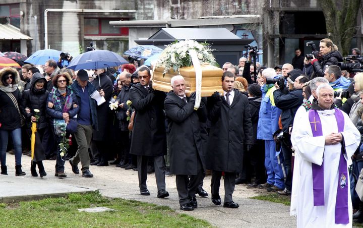 Regeni's coffin is carried during his funeral in Fiumicello, northern Italy, on Feb. 12, 2016. His death has re-focused attention on broader allegations of police brutality in Egypt and created tensions between Cairo and Italy.