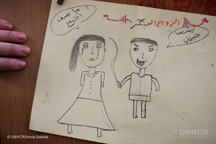 A teenage girl drawing a husband hitting his teenage wife for not being able to cook, at a drawing class Omaima teaches at Za'atari refugee camp.