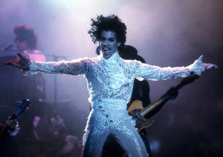 Prince performs live at the Fabulous Forum on February 19, 1985 in Inglewood, California.