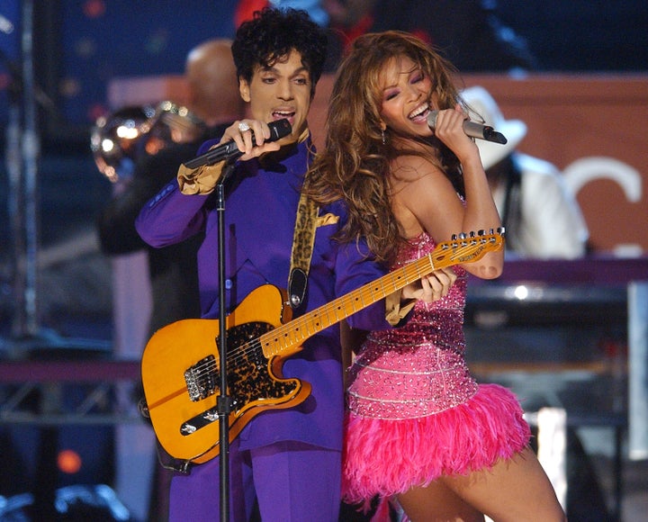 Prince and Beyonce perform a medley of his hits during The 46th Annual GRAMMY Awards, at the Staples Center in Los Angeles, California. 