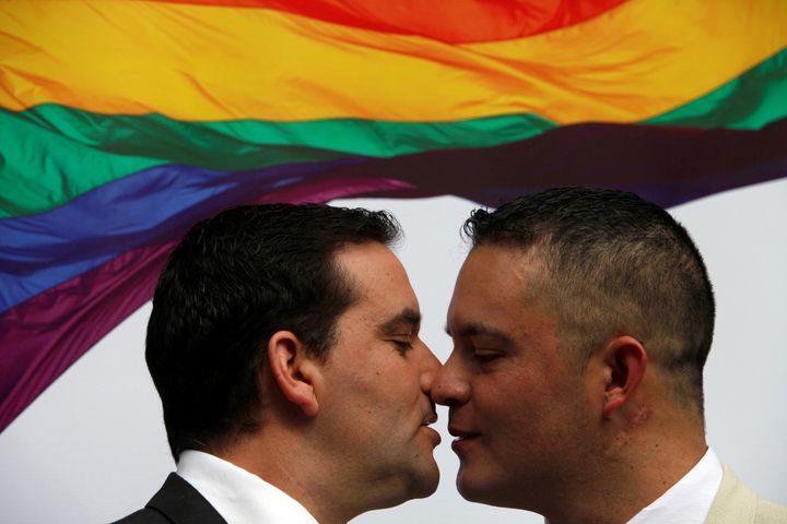 Hugo Alcalde and Jose Luis Valdes are seen following their April 20 civil union celebration. 