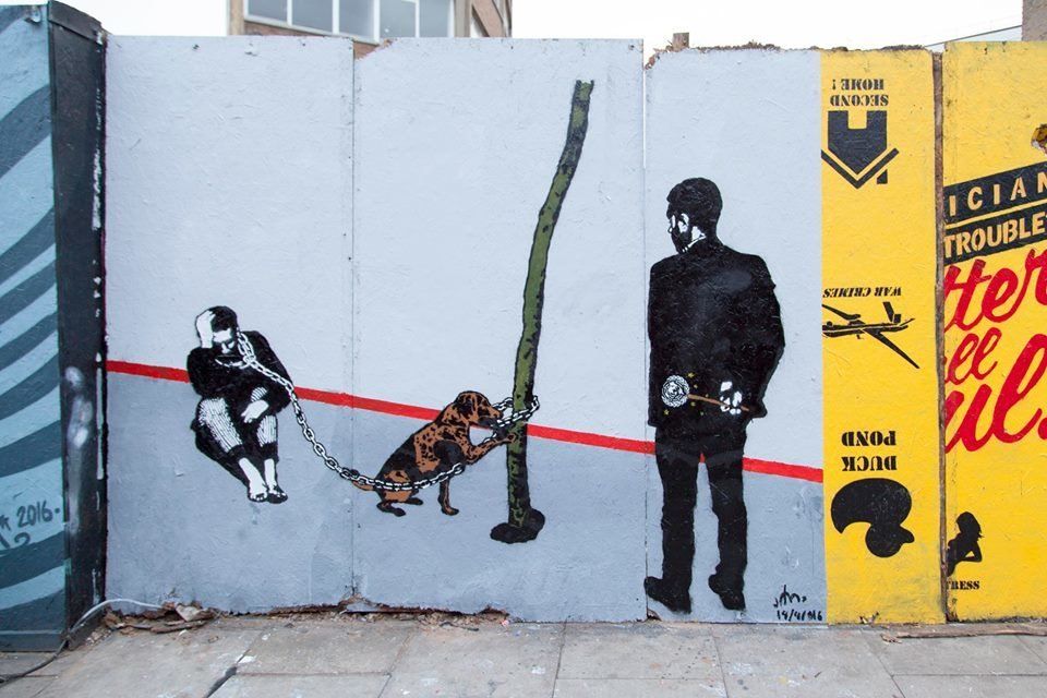 Subay collected a freedom of expression award in London last week, and took the opportunity to paint his first mural outside of Yemen, which he called "Dirty Legacy."