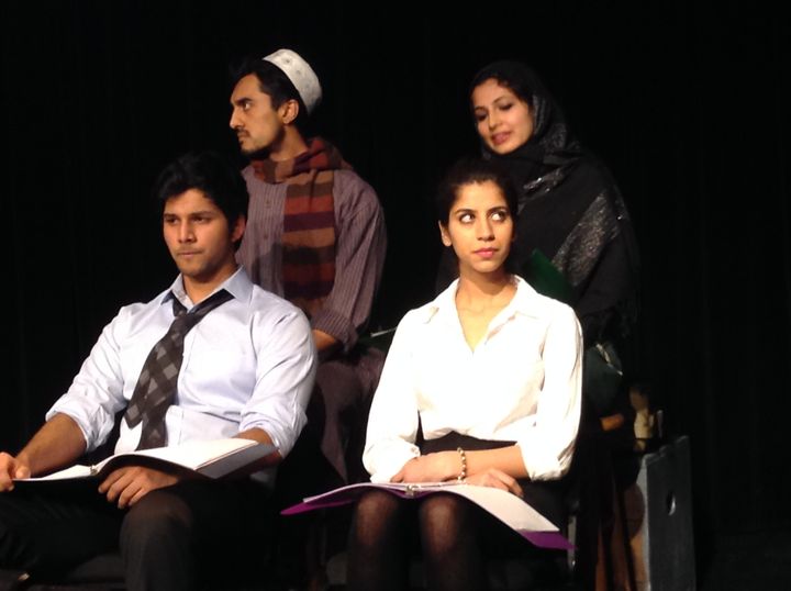 Staged reading of "Muslim in the Midst by Anand Rao, directed by Gene Santarelli (Artistic New Directions) - Left to Right: Ram Kanneganti (Raj), Gopal Divan (Haneef), Nikita Tewani (Priya), Sanjana Shukla (Shabana).