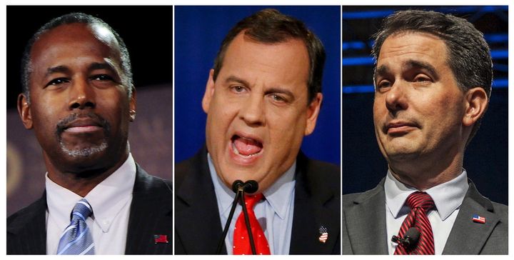 Former presidential candidate Ben Carson (L), Governor of New Jersey Chris Christie (C), and Governor of Wisconsin Scott Walker.