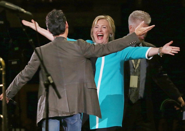 Marc Anthony greets Hillary Clinton at his Miami concert in October 2015. 