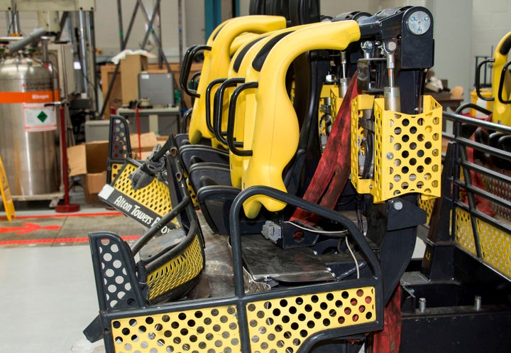 The damaged carriages of the Smiler rollercoaster that crashed at Alton Towers theme park in 2015.