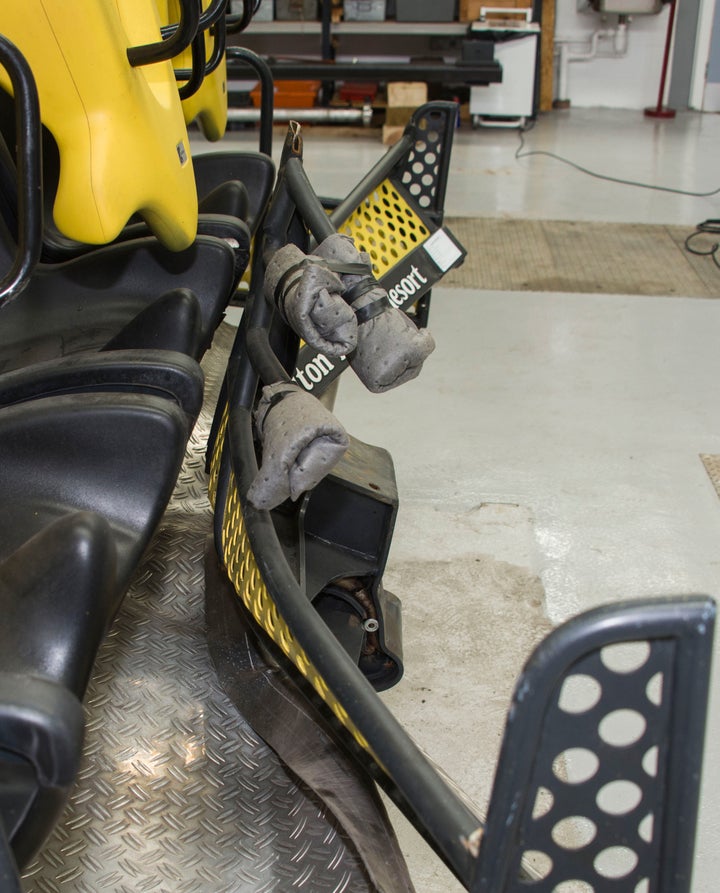 The damaged carriages of the Smiler rollercoaster that crashed at Alton Towers theme park in 2015.