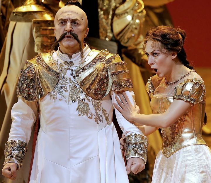 Paata Burchuladze, left, during a dress rehearsal of Tchaikovsky's "Mazeppa," at the Metropolitan Opera in New York on Friday, March 3, 2006. He says he has stepped away from music to focus on serving his country.