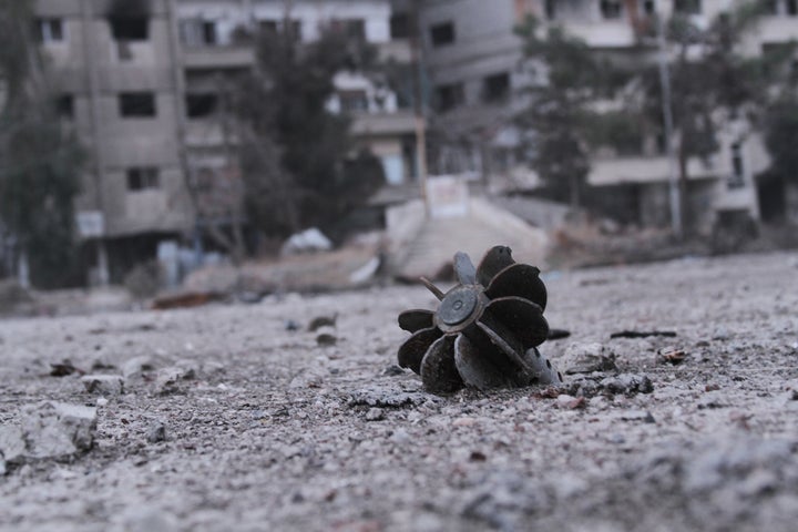 The remains of a mortar are seen in Daraya. Haboub's family had been active in protests and in distributing anti-regime flyers. 