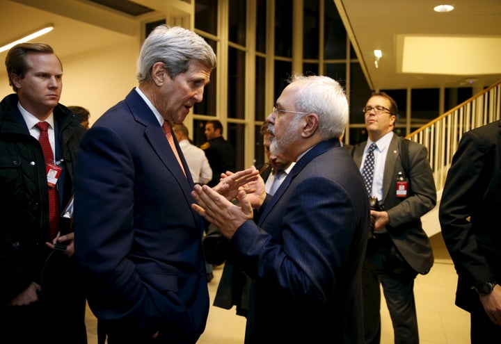 Secretary of State John Kerry talks with Iranian Foreign Minister Mohammad Javad Zarif in Vienna on Jan. 16, 2016.