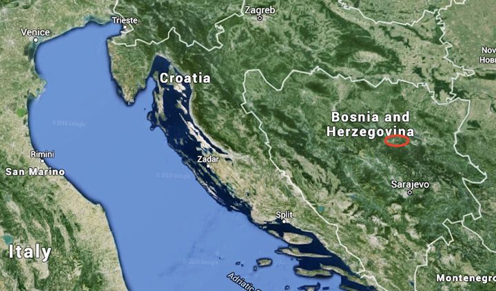 The red-circled area of Bosnia is where archaeologist Sam Osmanagich discovered a gigantic stone sphere that he says may prove a long-lost advanced civilization once lived in this part of the world.