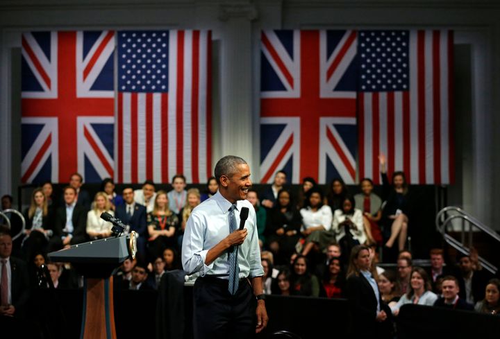 <strong>Barack Obama at a town hall meeting in London on Saturday</strong>
