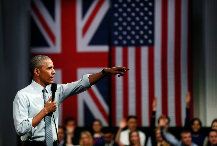 U.S. President Barrack Obama takes part in a Town Hall meeting at Lindley Hall in London, Britain, April 23, 2016.