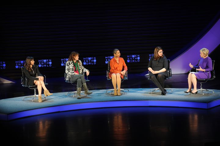 (L-R) Lynsey Addario, Liz Clegg, Zainab Salbi, Becca Heller, and Tina Brown speak during the Women In The World Event In New York about refugees on April 6