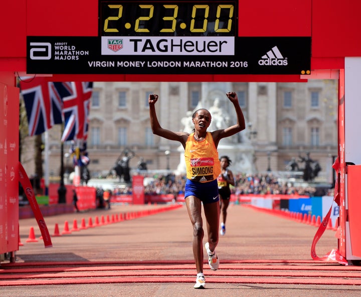 Kenya's Jemima Sumgong crosses the line to win the Elite Women's Race during the 2016 Virgin Money London Marathon.