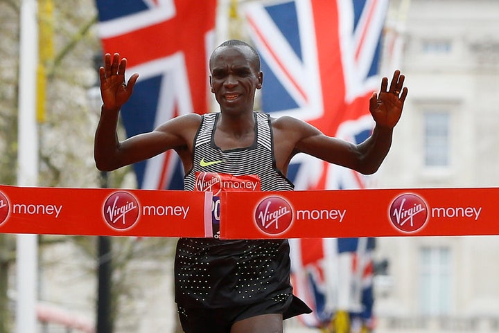 Eliud Kipchoge of Kenya wins the men's race in the 2016 London Marathon in London.