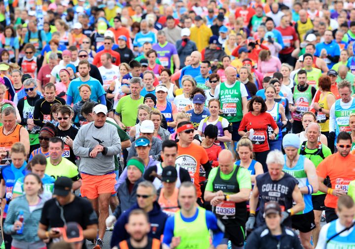 <strong>Runners make their way over the start line during the 2016 Virgin Money London Marathon</strong>.