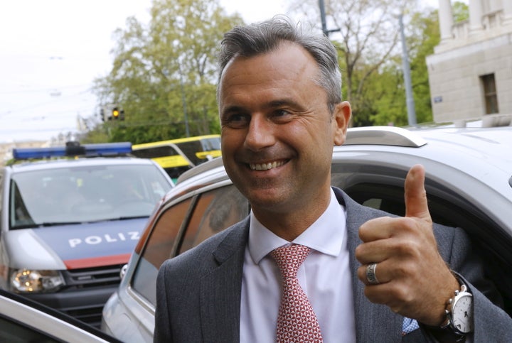 Presidential candidate Norbert Hofer arrives at the party headquarter of the Austrian Freedom party (FPO) in Vienna, Austria, April 24, 2016.