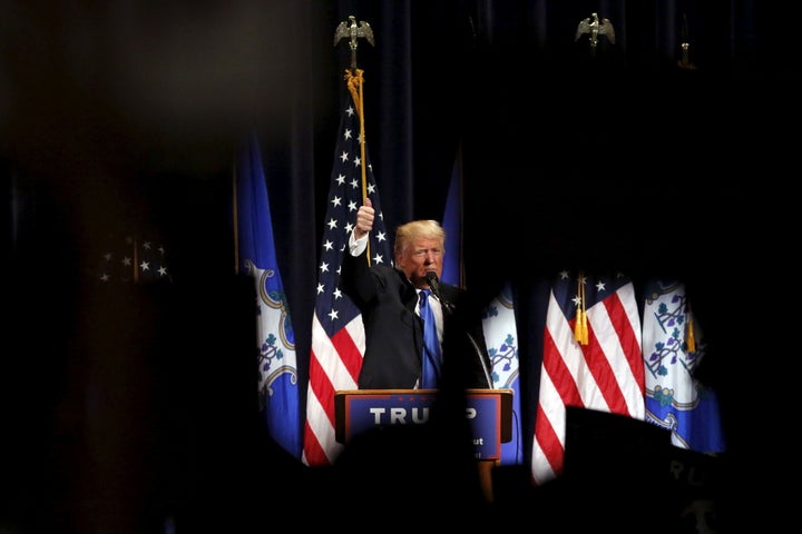 Republican U.S. presidential candidate Donald Trump is seen speaking at Saturday's campaign rally in Bridgeport, Connecticut.