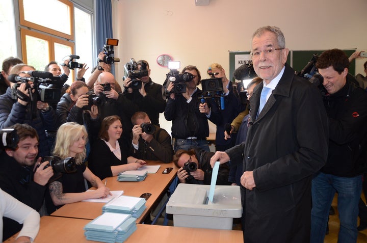 Presidential candidate of Green Party, Alexander Van der Bellen casts his ballot at a polling station during Austrian presidential elections in Vienna, Austria, on April 24, 2016.