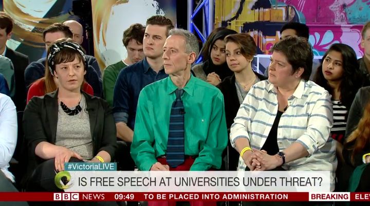 Julie Bindel, right, appeared on the BBC Victoria Derbyshire programme alongside gay rights campaigner Peter Tatchell, centre
