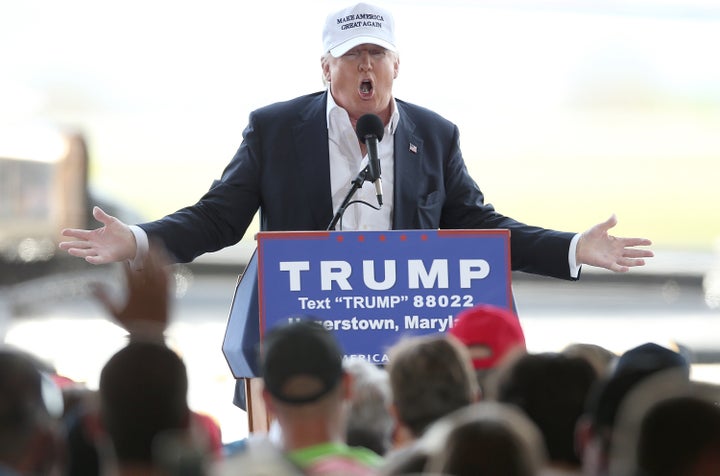 Republican presidential candidate Donald Trump speaks at Hagerstown Regional Airport days before Maryland's presidential prim