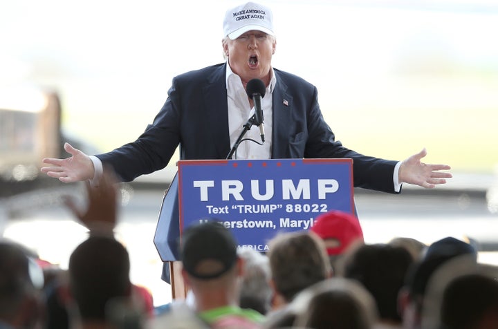 Republican presidential candidate Donald Trump speaks at Hagerstown Regional Airport days before Maryland's presidential primary.