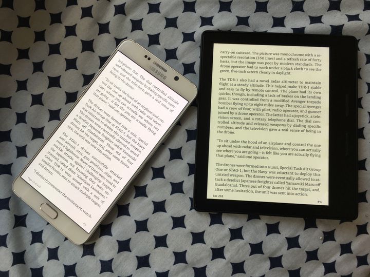 Roughly the same page of the same book viewed in the Kindle app on a Samsung Galaxy Note 5 phone and the new Kindle Oasis. The Kindle device will be easier on your eyes, but are you willing to pay for that?
