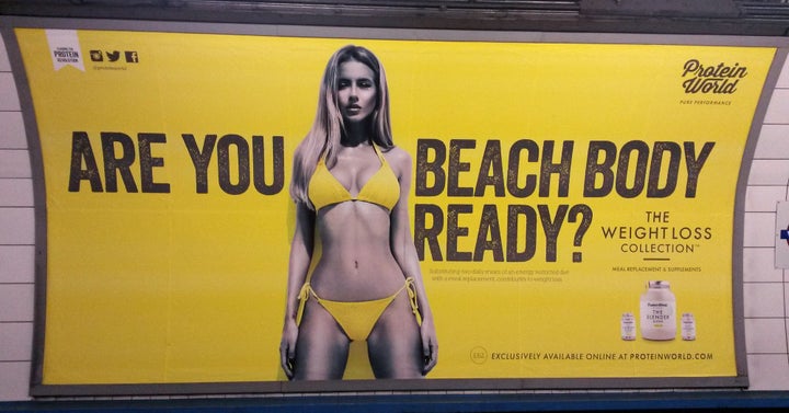 A Protein World advert displaying the slogan 'Are you beach body ready?' caused controversy last year. Sadiq Khan has said he wants to ban adverts which lower young people's self esteem