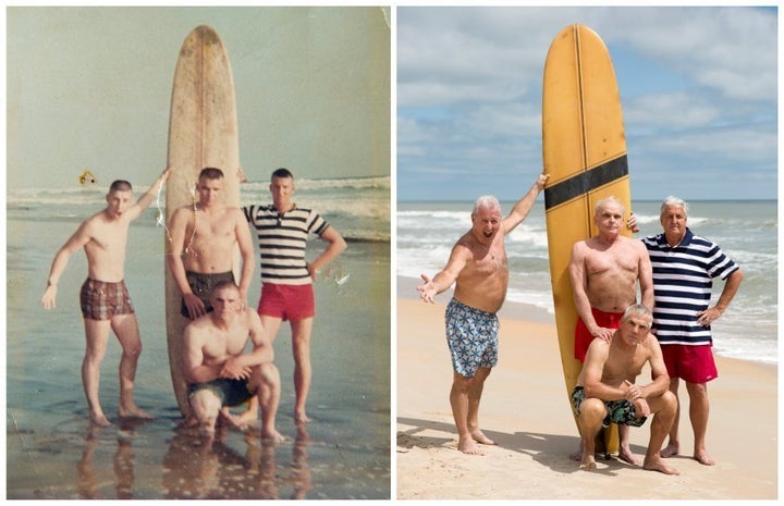 Bob Falk, Bob DeVenezia, Dennis Puleo and Tom Hanks recreate the photo the group took back in 1966.