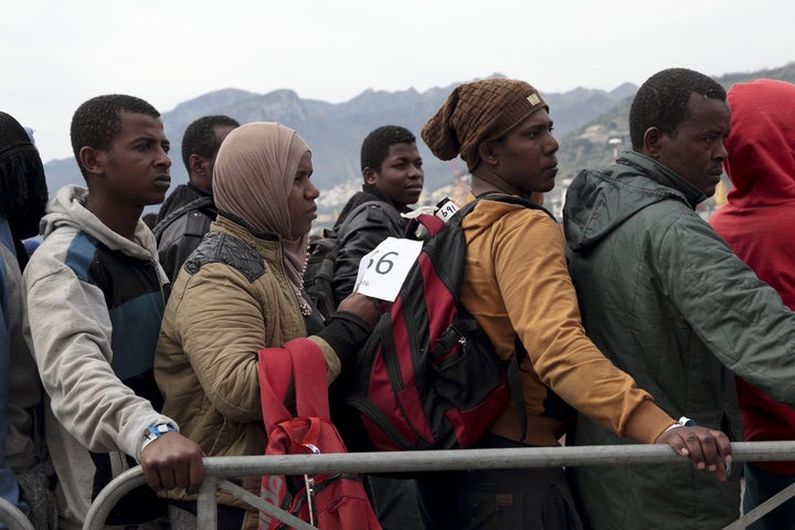 The Norwegian ship 'Siem Pilot Stavanger' arrives at Manfredi pier of Salerno port in Salerno on April 1. It carried 545 refugees coming mostly from Syria, Eritrea, Sudan, Nigeria and Egypt.