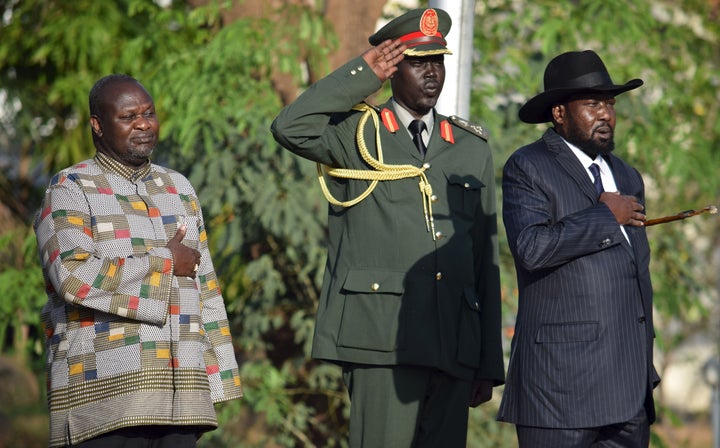 Riek Machar, left, was sworn in as First Vice President on Tuesday, pictured here with South Sudan's President Salva Kii