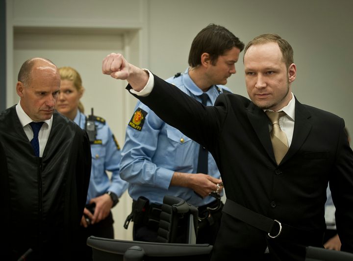 Anders Behring Breivik right-hand salute during trial in 2012.