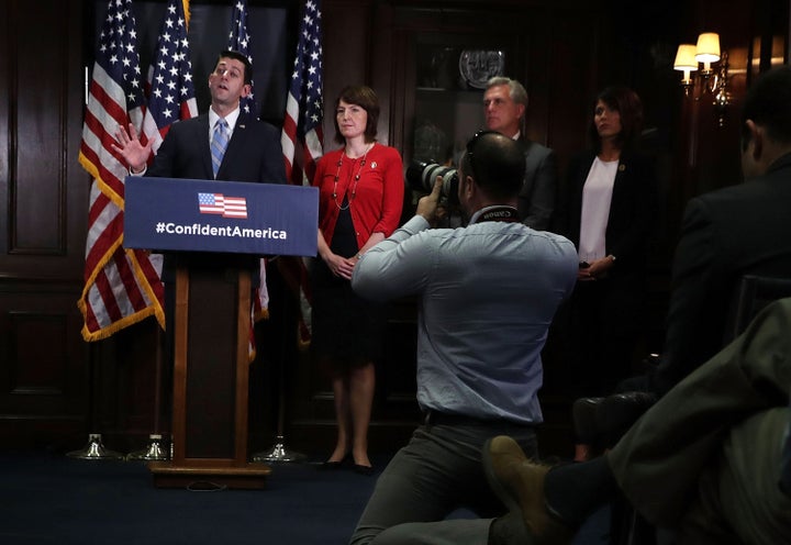 House Speaker Paul Ryan, left, and Majority Leader Kevin McCarthy, second from right, have been promising swift action on the