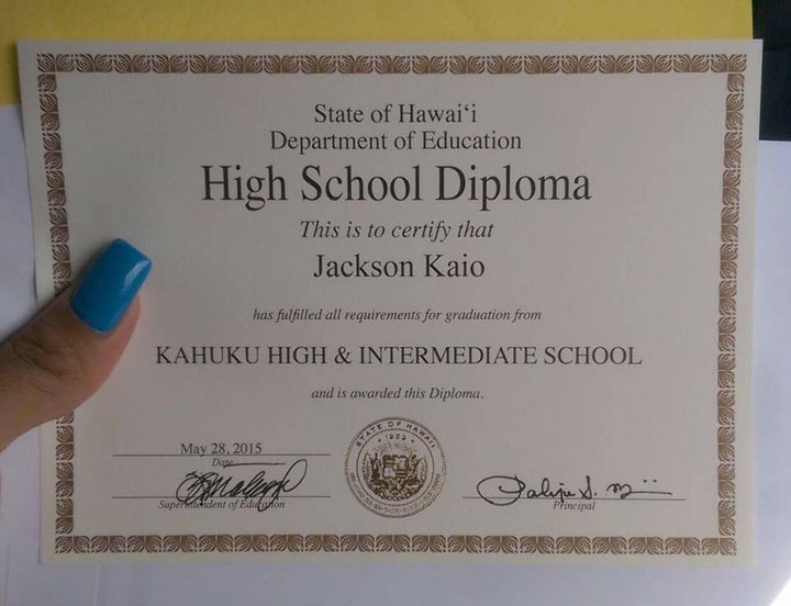 Jennea (formerly Jackson)'s high school diploma, dated graduation day, May 28, 2015.