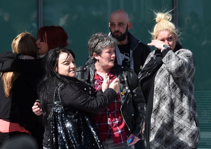 Relatives hug outside the Hillsborough inquests in Warrington, where the inquest jury concluded that the 96 Liverpool fans who died in the Hillsborough disaster were unlawfully killed.