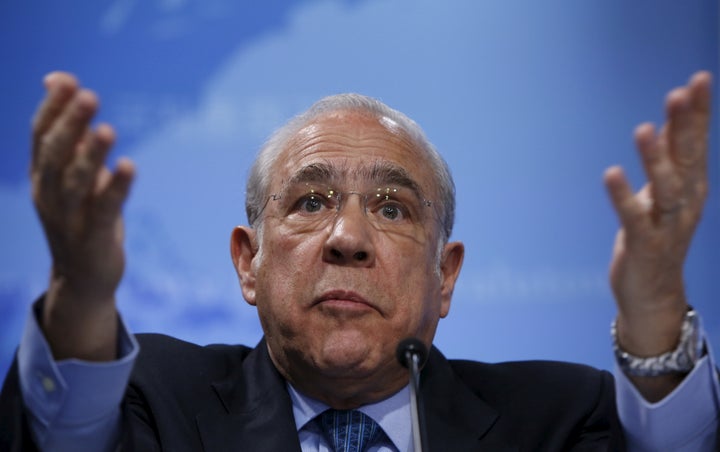 OECD Secretary General Jose Angel Gurria addresses a news conference at the IMF/World Bank Spring Meetings in Washington Apri