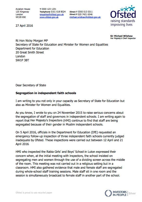 <strong>Front page of the Ofsted letter addressed to Nicky Morgan</strong>