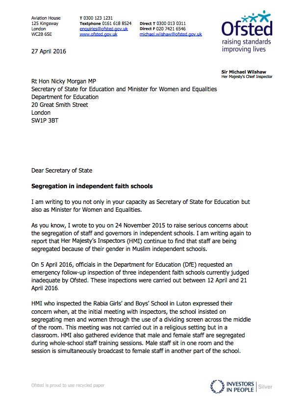 Front page of the Ofsted letter addressed to Nicky Morgan