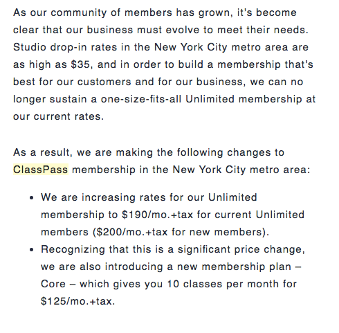An excerpt of an e-mail that went out to ClassPass users in New York City Wednesday morning.