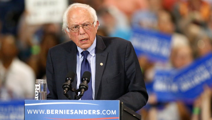 Democratic presidential candidate Bernie Sanders speaks to his supporters during his five-state primary night rally in West Virginia on April 26, 2016.