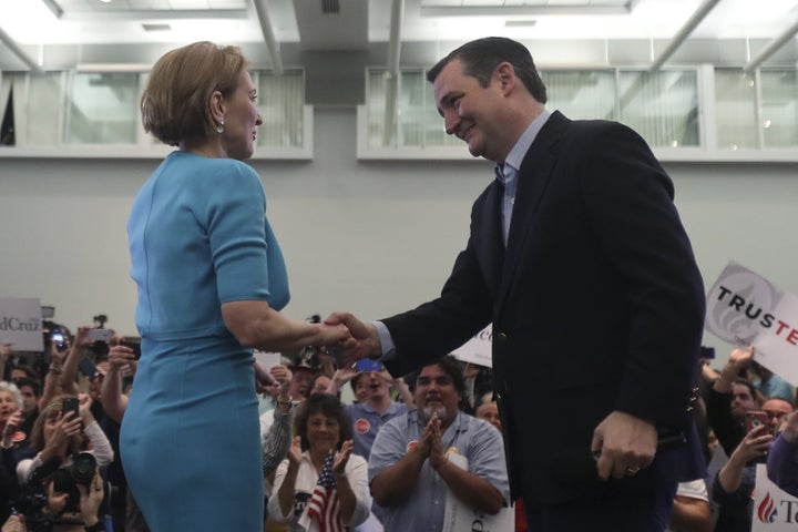 Sen. Ted Cruz (R-Texas) and former Hewlett-Packard CEO Carly Fiorina greet each other after Fiorina endorsed Cruz at a campaign rally in Miami, March 9, 2016.