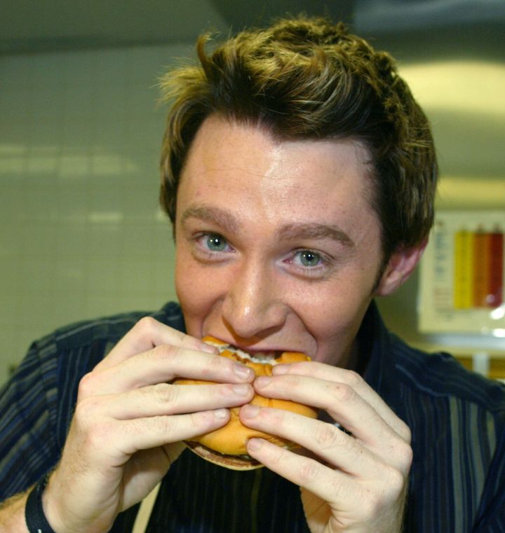 Clay Aiken eating -- before his campaign. He gained his weight on the campaign trail, but we couldn't find a photo of him eating from that time.
