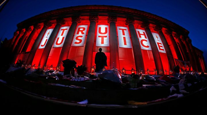 <strong>St George's Hall in Liverpool is illuminated following a special commemorative service to make the outcome of the inquest into the Hillsborough tragedy</strong>