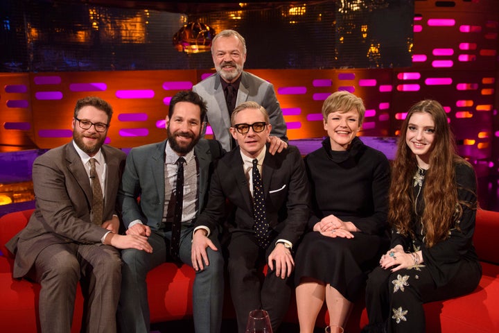 Martin appears on 'The Graham Norton Show' alongside Seth Rogen, Paul Rudd, Maxine Peake and Birdy