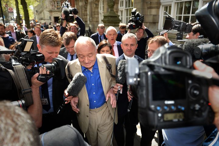 Suspended: Ken Livingstone is surrounded media outside Millbank in Westminster after making for comments he made about Hitler and anti-Semitism