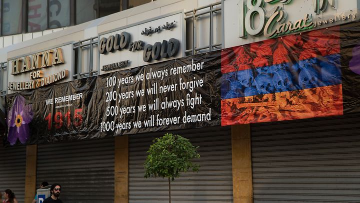 A banner hanging above shuttered jewellery shops in Bourj Hammoud calls for the recognition and remembrance of the Armenian Genocide. Jewellery is one of the trades that Armenians from Anatolia brought to Lebanon in the early 20th century.