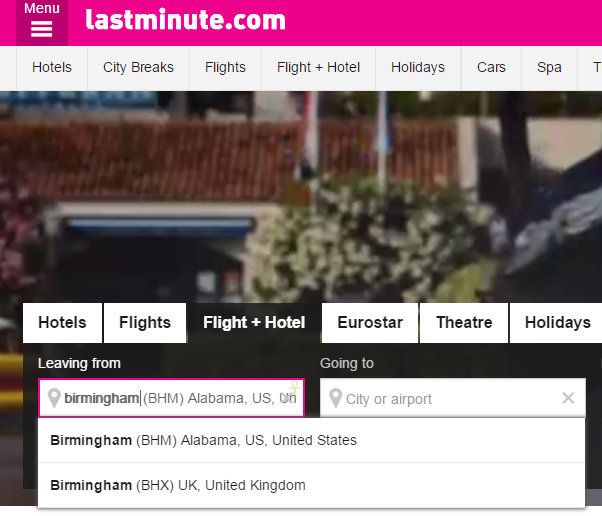 Birmingham Alabama comes up as the first option on lastminute.com